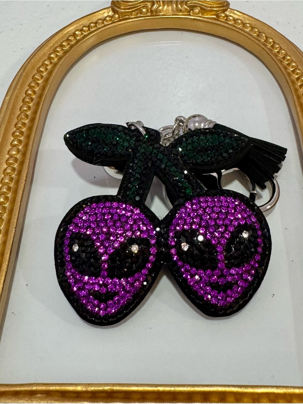 New Purple & Green Crystal Alien Cherry Keychain Charm
